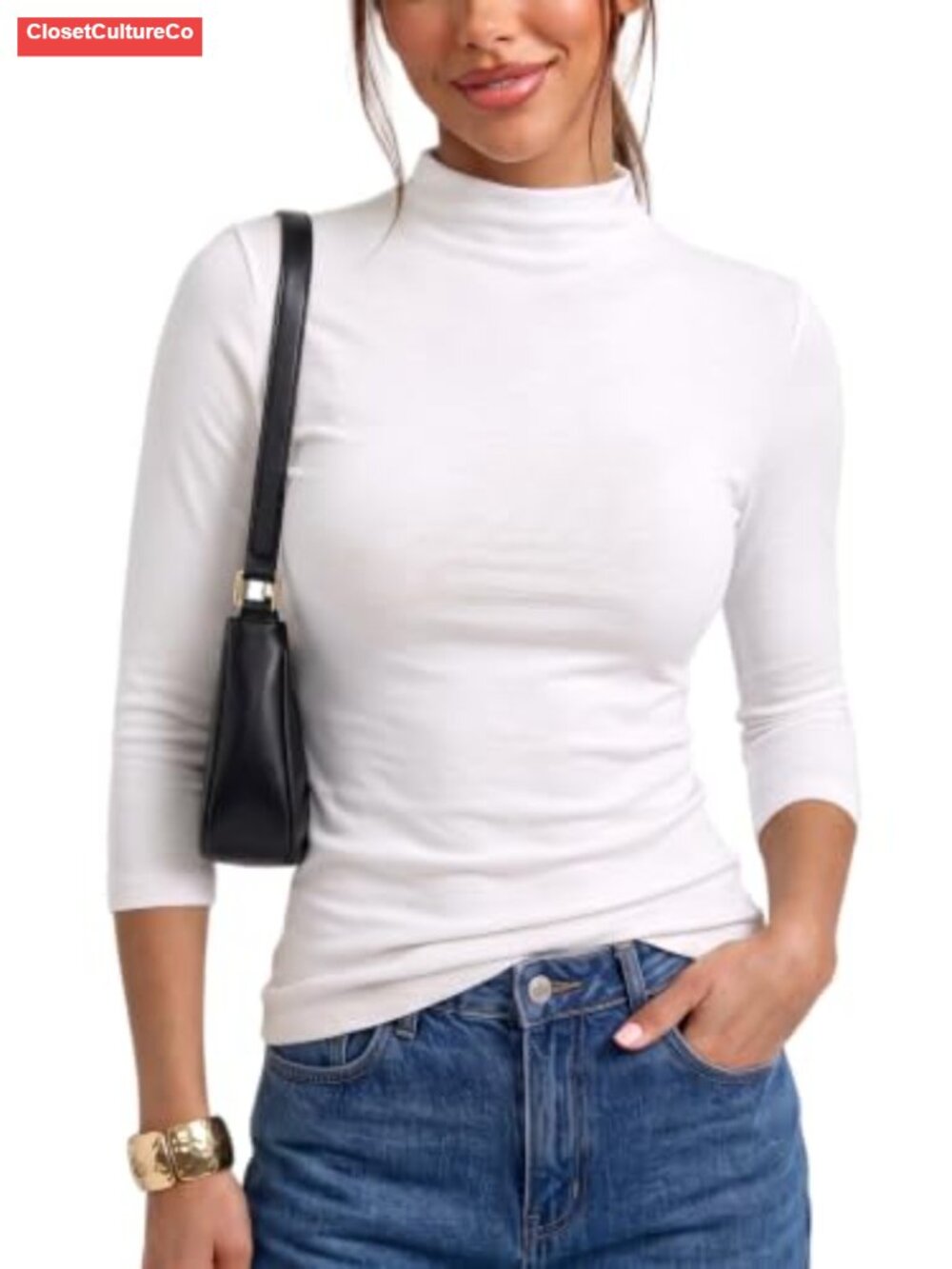 Women's 3/4 Sleeve Mock Neck Slim Fitted Top Fall Layering Shirt